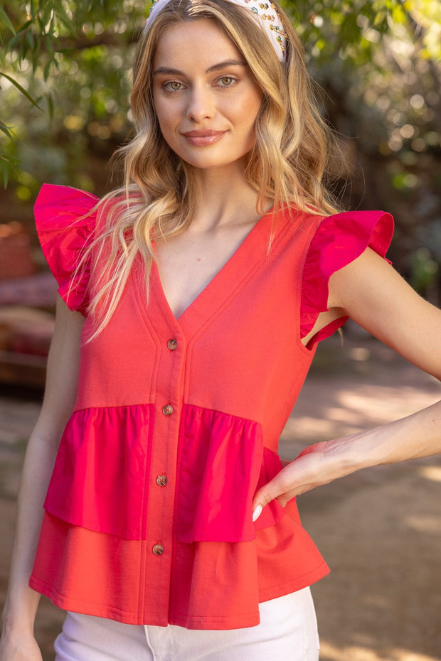 Red Color Block Ruffle Top