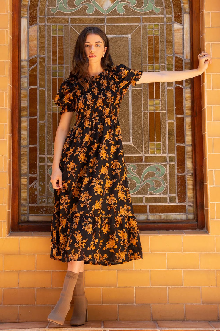 Smocked Flower Print Dress