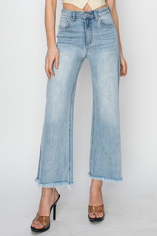 High Rise Frayed Ankle Wide Leg Jeans