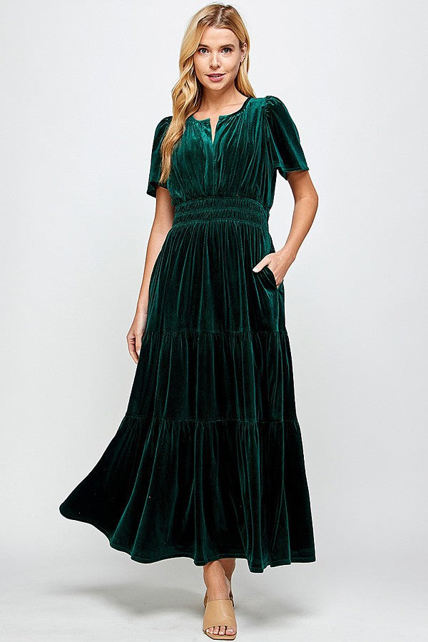 Forest Velvet Tiered Dress
