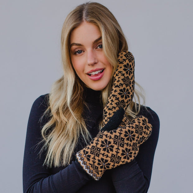 Camel and Black Patterned Mittens