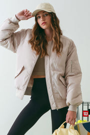 Cream Zip Up Bomber Jacket