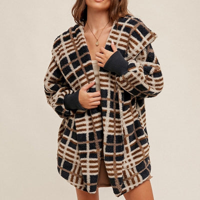 Grey check faux fur hooded jacket