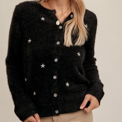 Black Star Print Fuzzy Cardigan