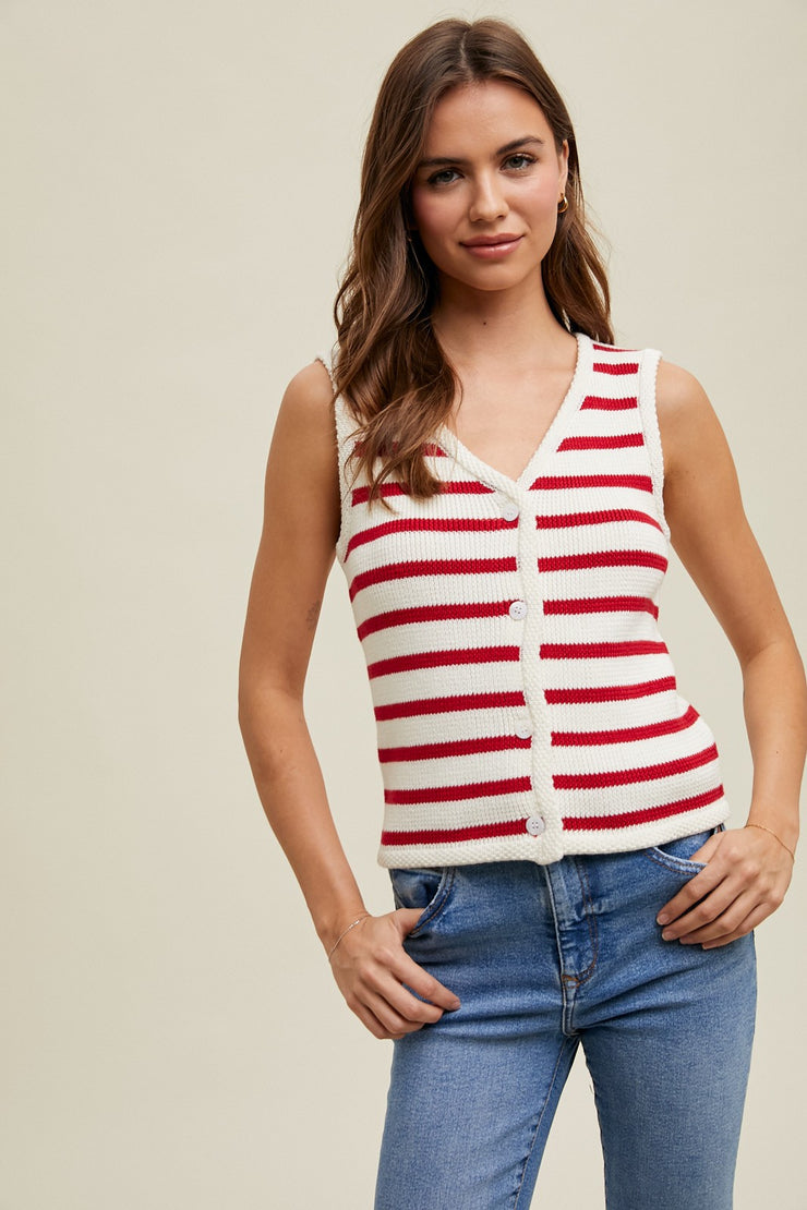 Striped Knit Button Up Vest