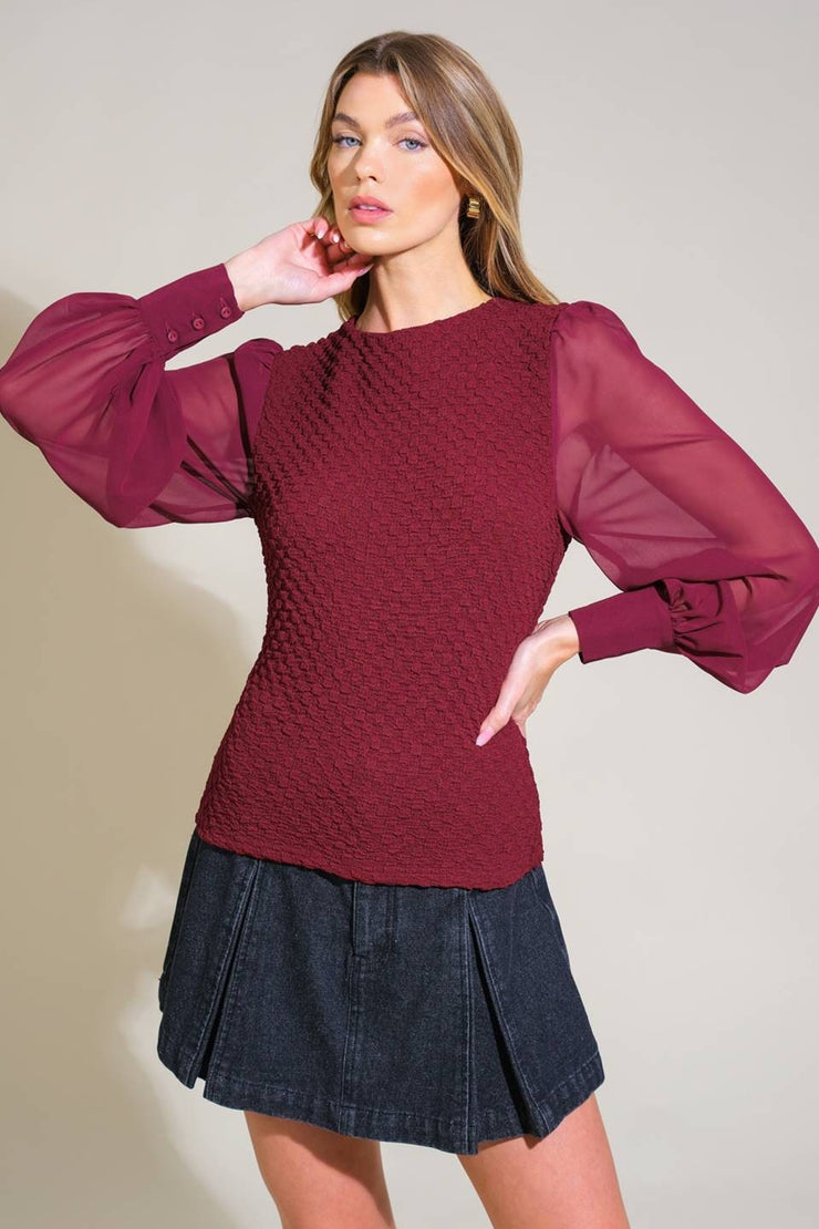 Burgundy Mesh Sleeve Top