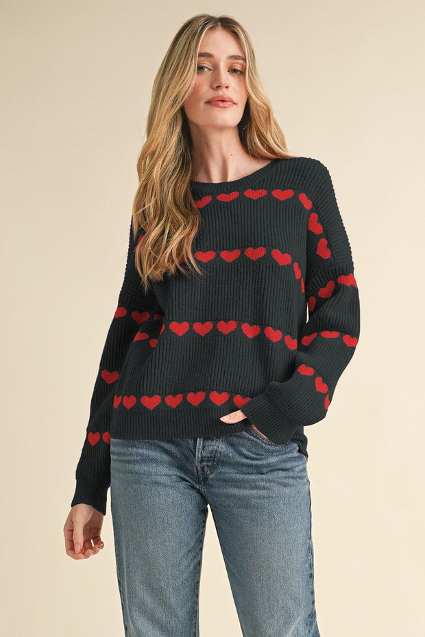 Black Heart Ribbed Knit Sweater - Large