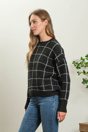 Black Grid Print Pullover Sweater