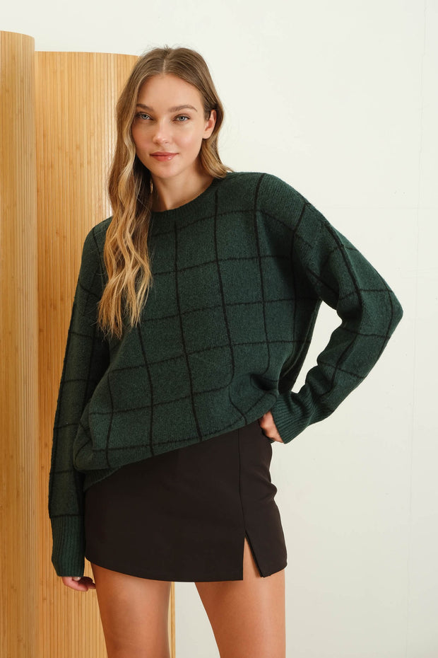 Hunter Green Grid Print Pullover Sweater