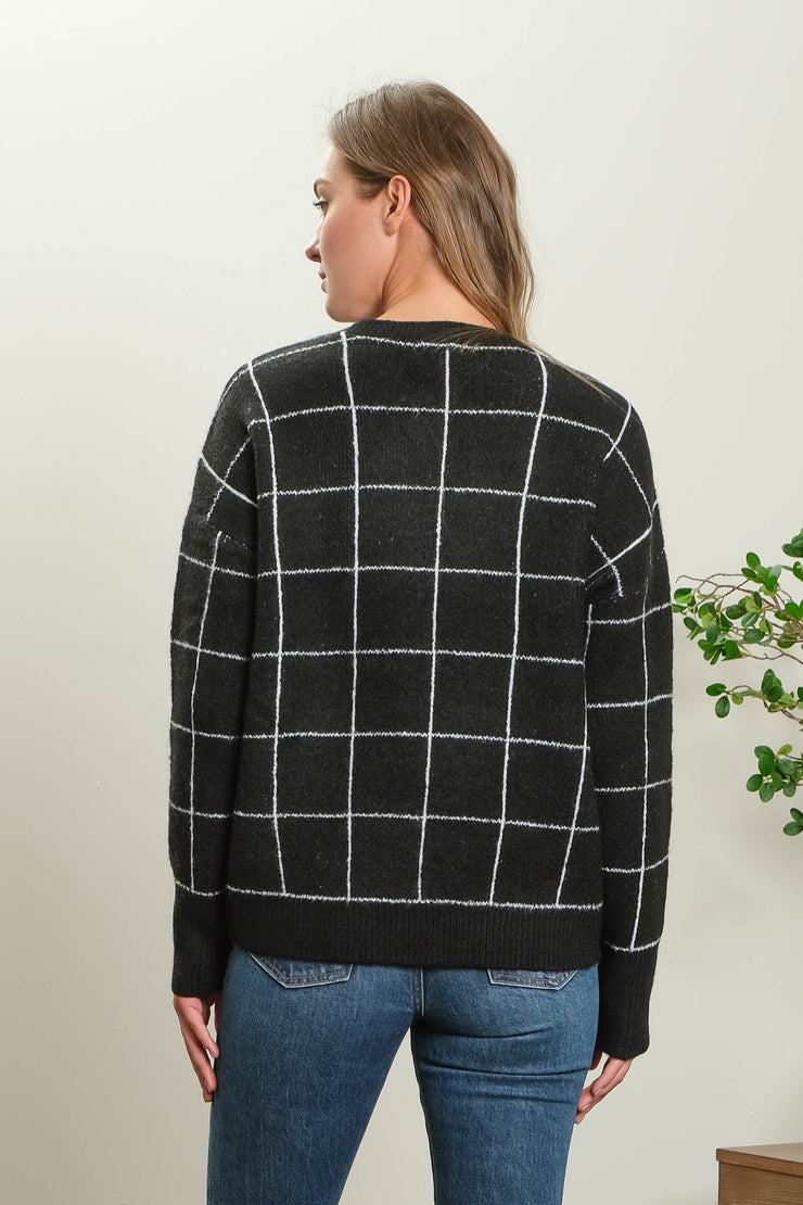 Black Grid Print Pullover Sweater