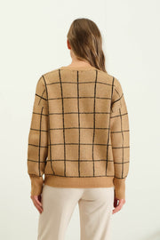 Khaki Grid Print Pullover Sweater