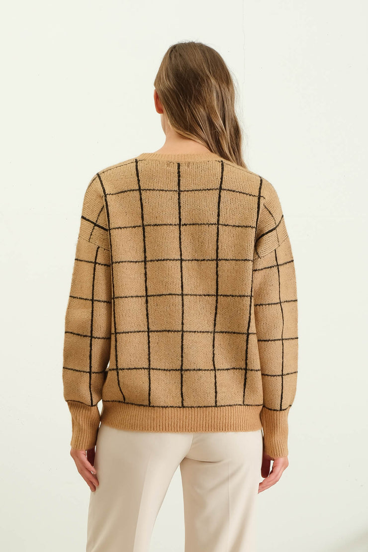 Khaki Grid Print Pullover Sweater