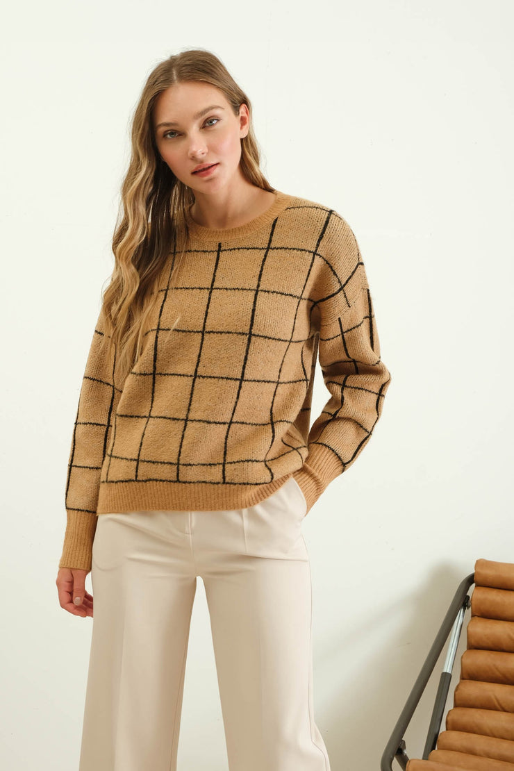 Khaki Grid Print Pullover Sweater