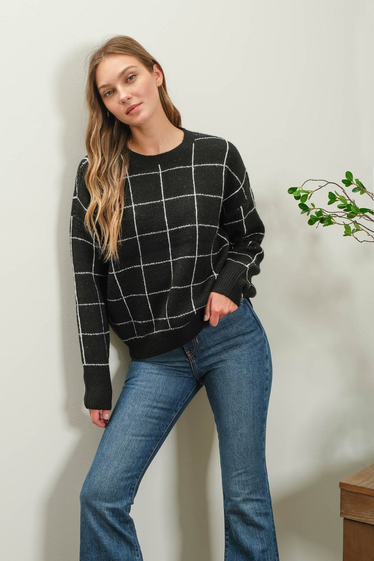 Black Grid Print Pullover Sweater