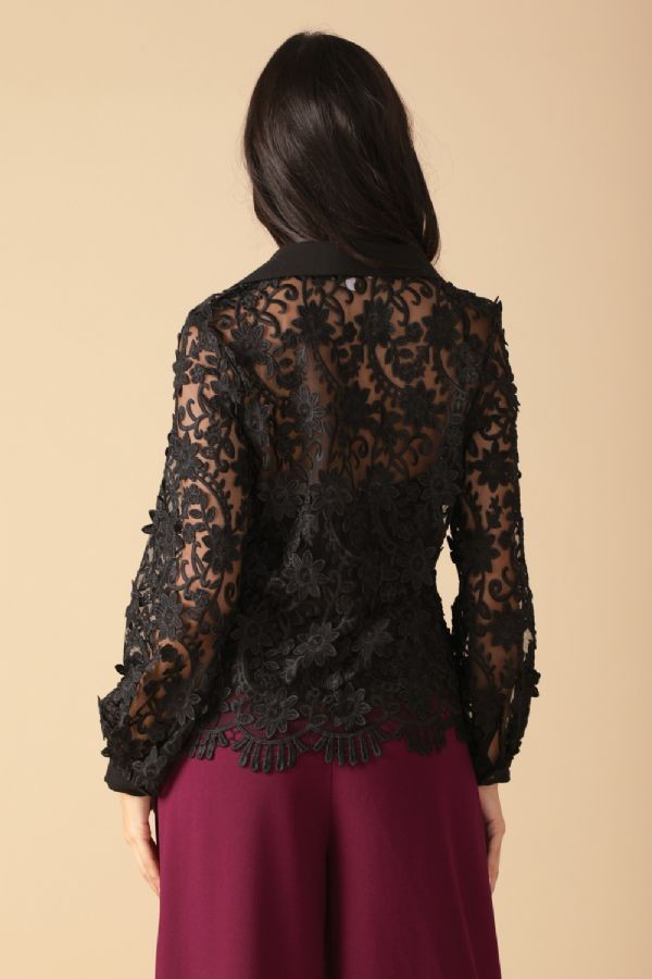 Black Lace Button Down Top