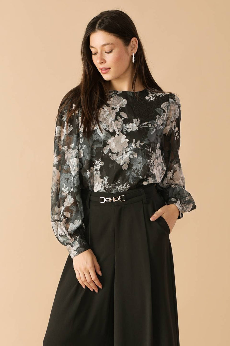 Black Floral Mesh Printed Top