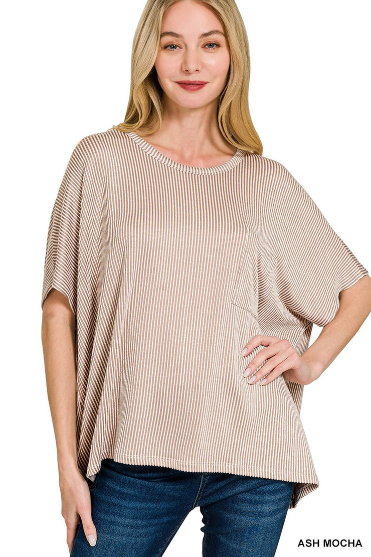 Mocha Striped Oversized Short Sleeve Top