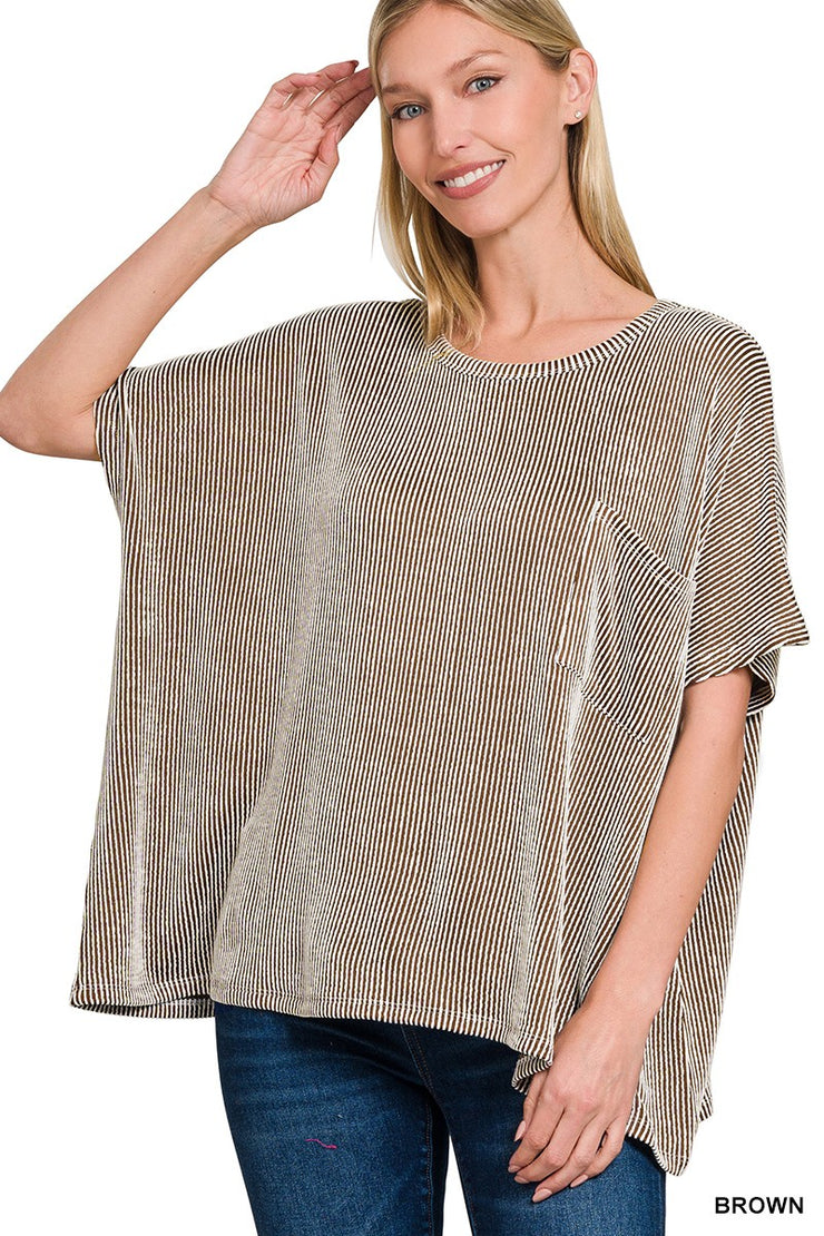 Brown Striped Oversized Short Sleeve Top