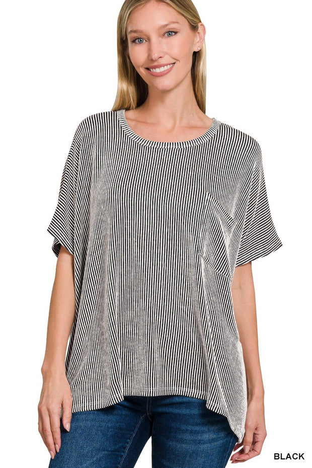Black Striped Oversized Short Sleeve Top
