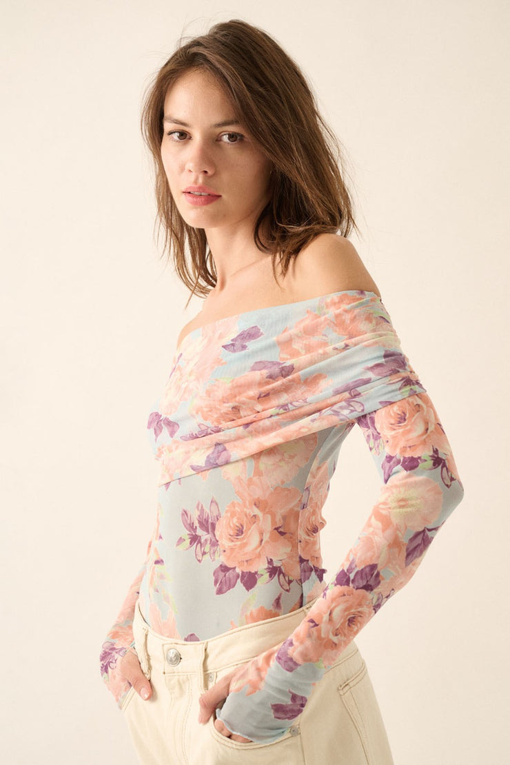 Peach and Blue Off The Shoulder Bodysuit