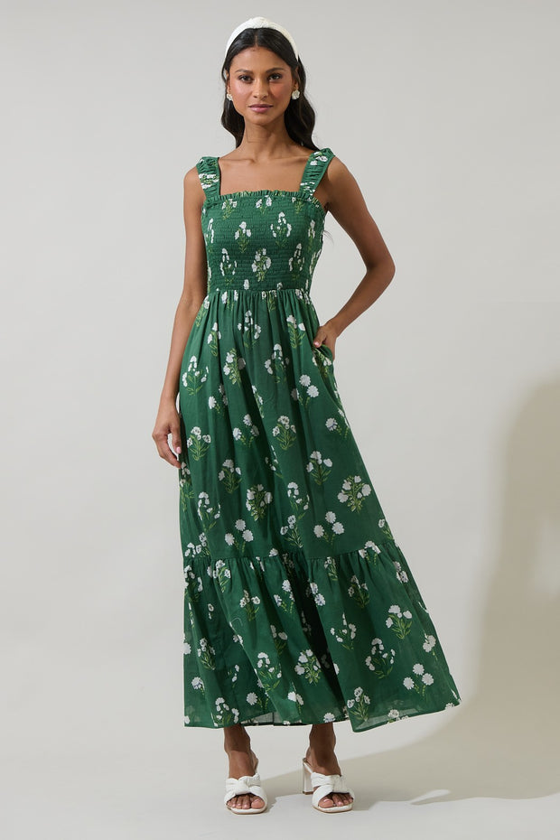 Green Floral Smocked Dress- large