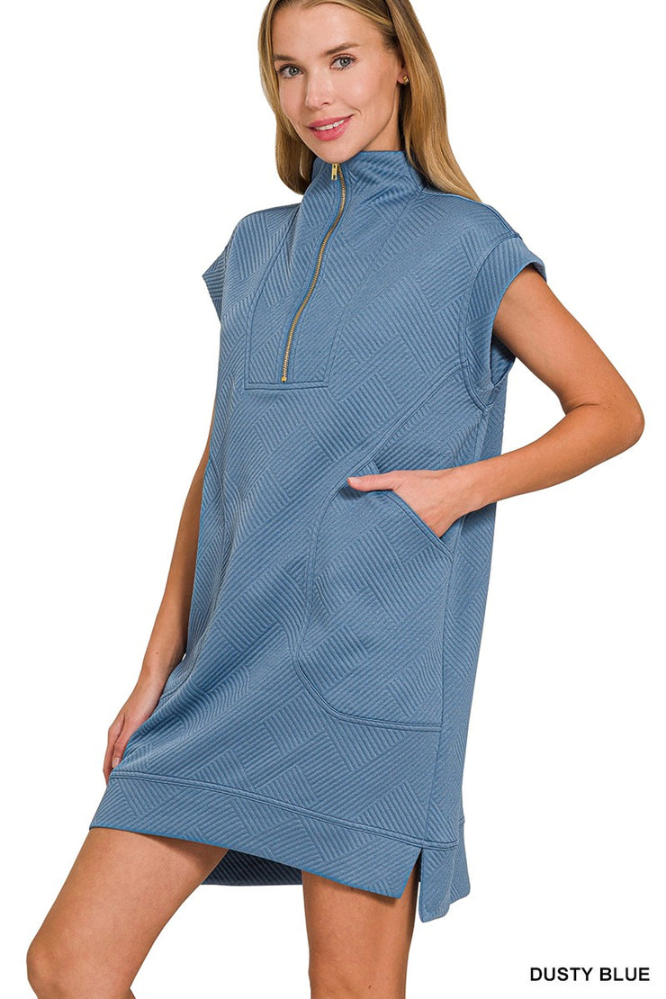 Dusty Blue Textured Zip Up Dress