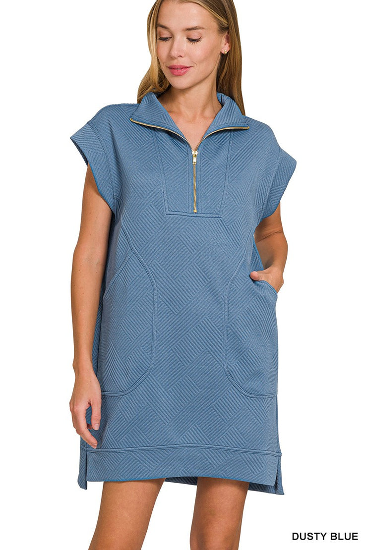 Dusty Blue Textured Zip Up Dress