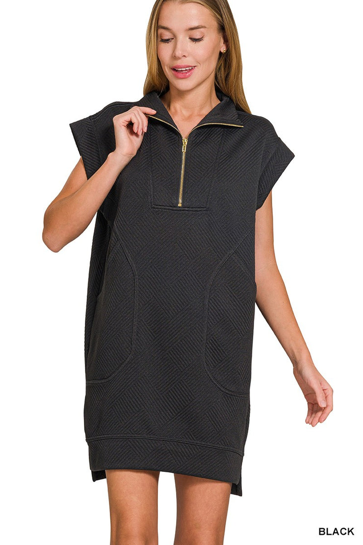 Black Textured Zip Up Dress