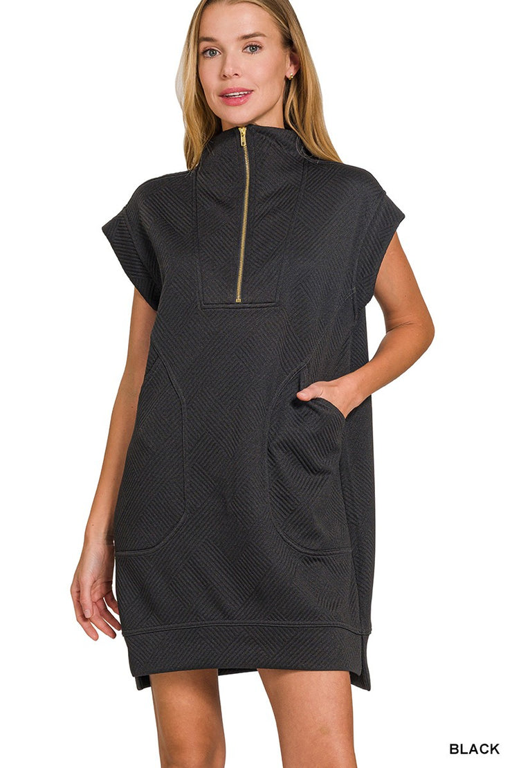 Black Textured Zip Up Dress