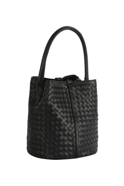 Black Faux Leather Basket Weave Bucket Bag