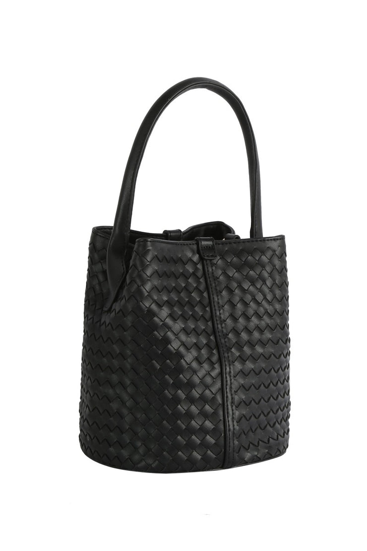 Black Faux Leather Basket Weave Bucket Bag