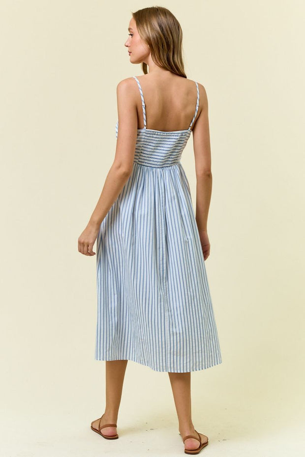 Blue Ruched Striped Midi Dress- medium