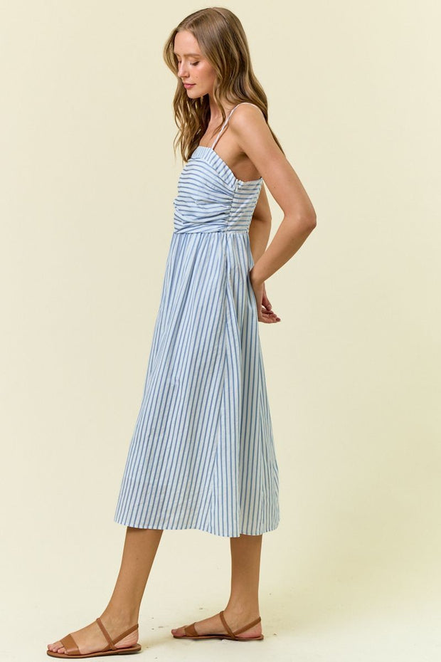 Blue Ruched Striped Midi Dress- medium