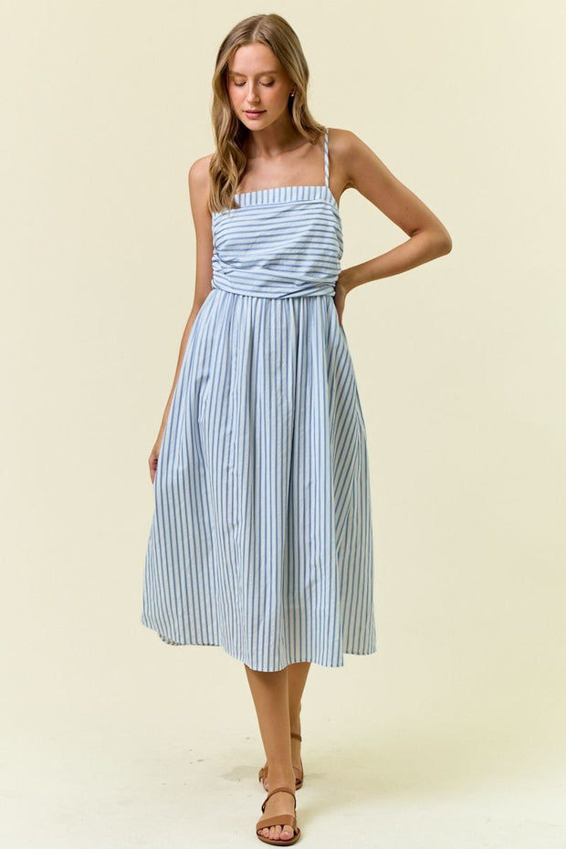 Blue Ruched Striped Midi Dress- medium
