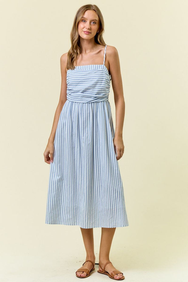 Blue Ruched Striped Midi Dress- medium