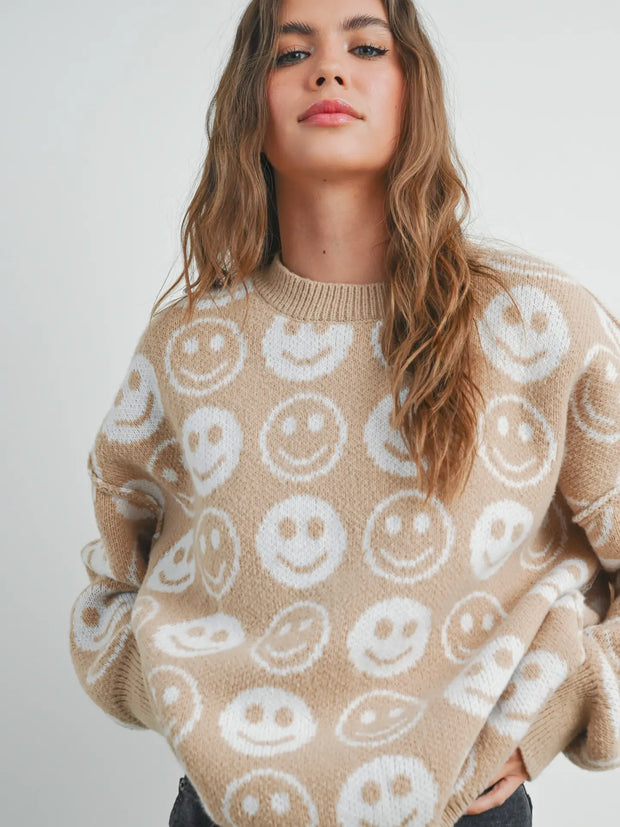 Taupe Smiley Face Sweater