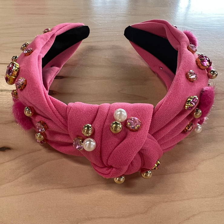 Pink Heart Puff and Rhinestone Headband