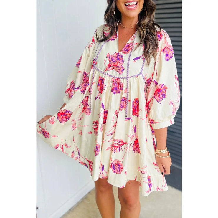 Pink Floral Balloon Sleeve Dress