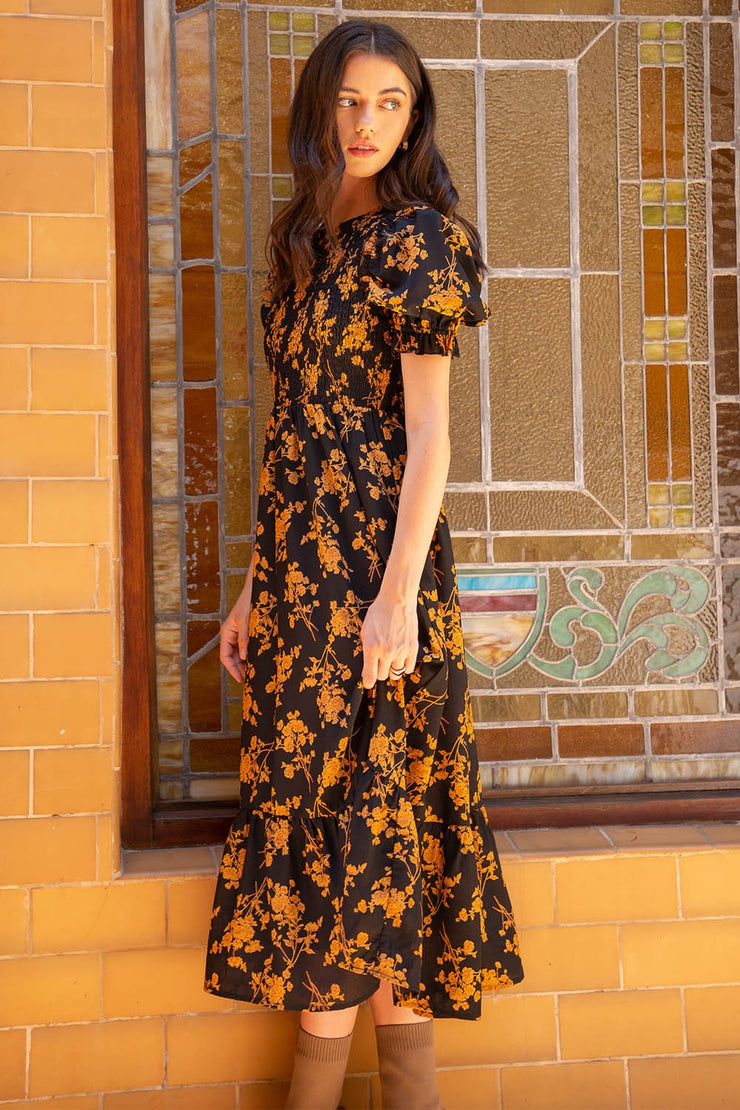 Smocked Flower Print Dress