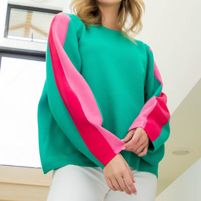 Green Color Block Sleeve Sweater- XL