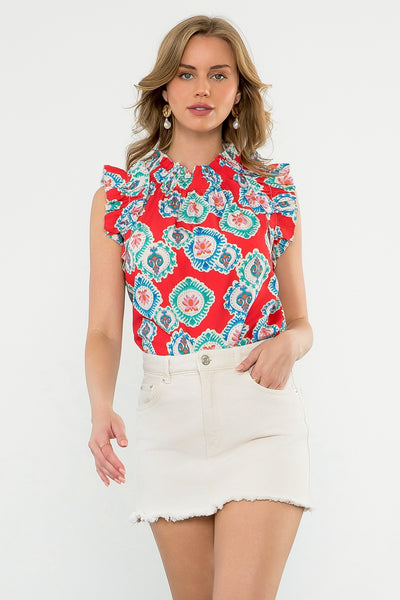 Red Ruffle Sleeve Print Top