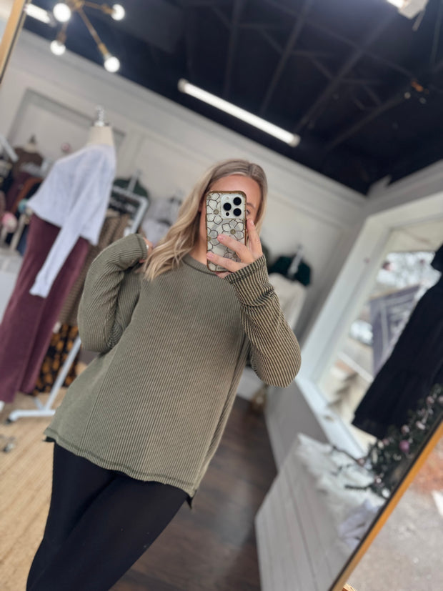 Olive Ribbed Boat Neck Top