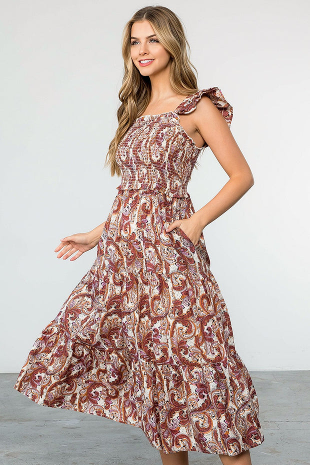 Smocked Paisley Print Maxi Dress