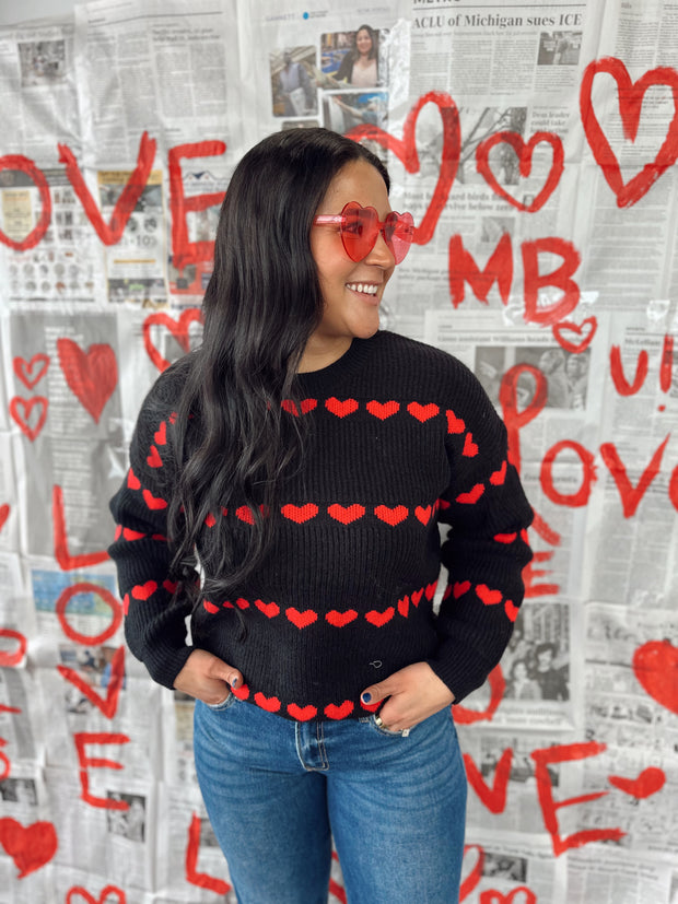 Black Heart Ribbed Knit Sweater - Large