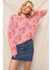 Pink Rose Print Sweater