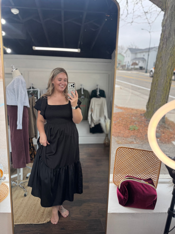 Black Satin Flutter Sleeve Dress