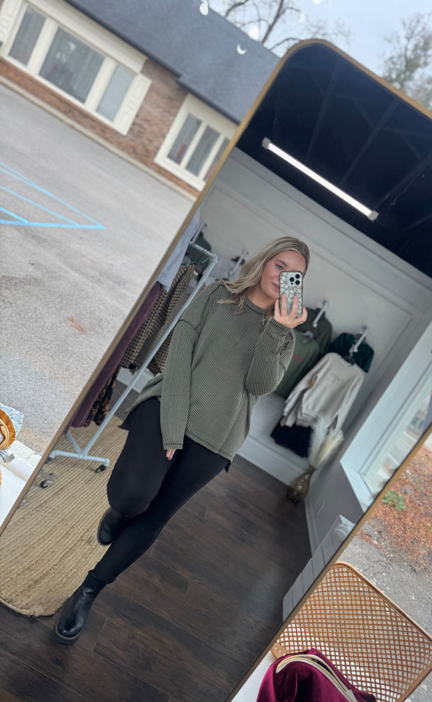 Olive Ribbed Boat Neck Top