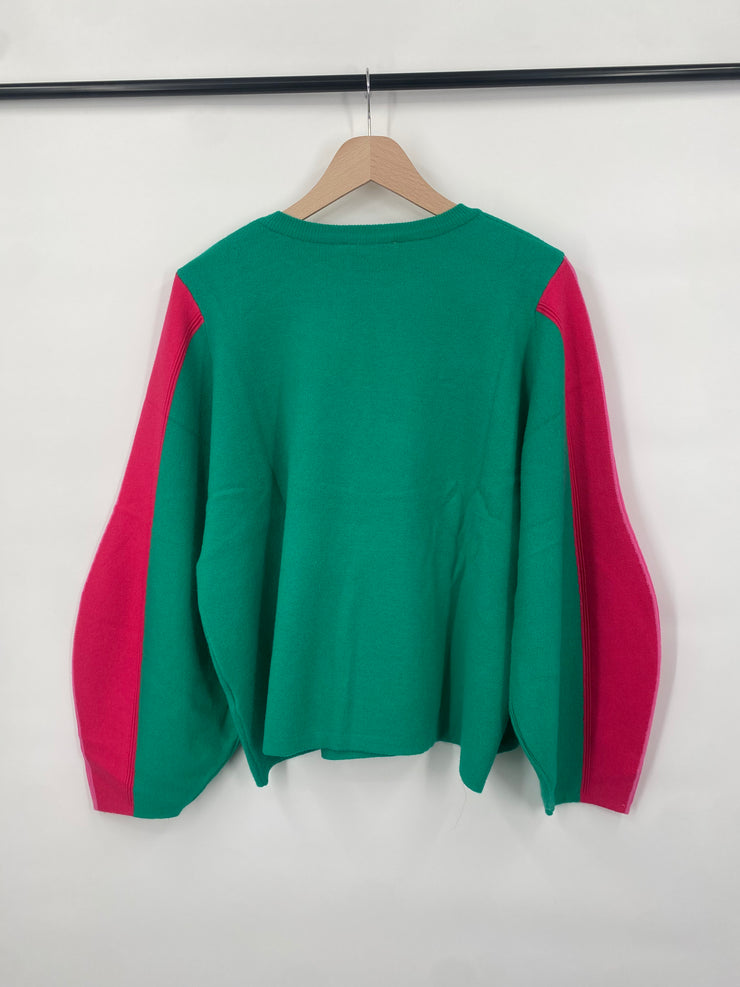Green Color Block Sleeve Sweater- XL