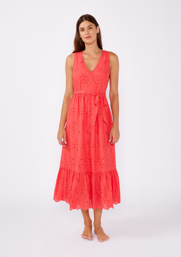 Coral Eyelet Midi Dress