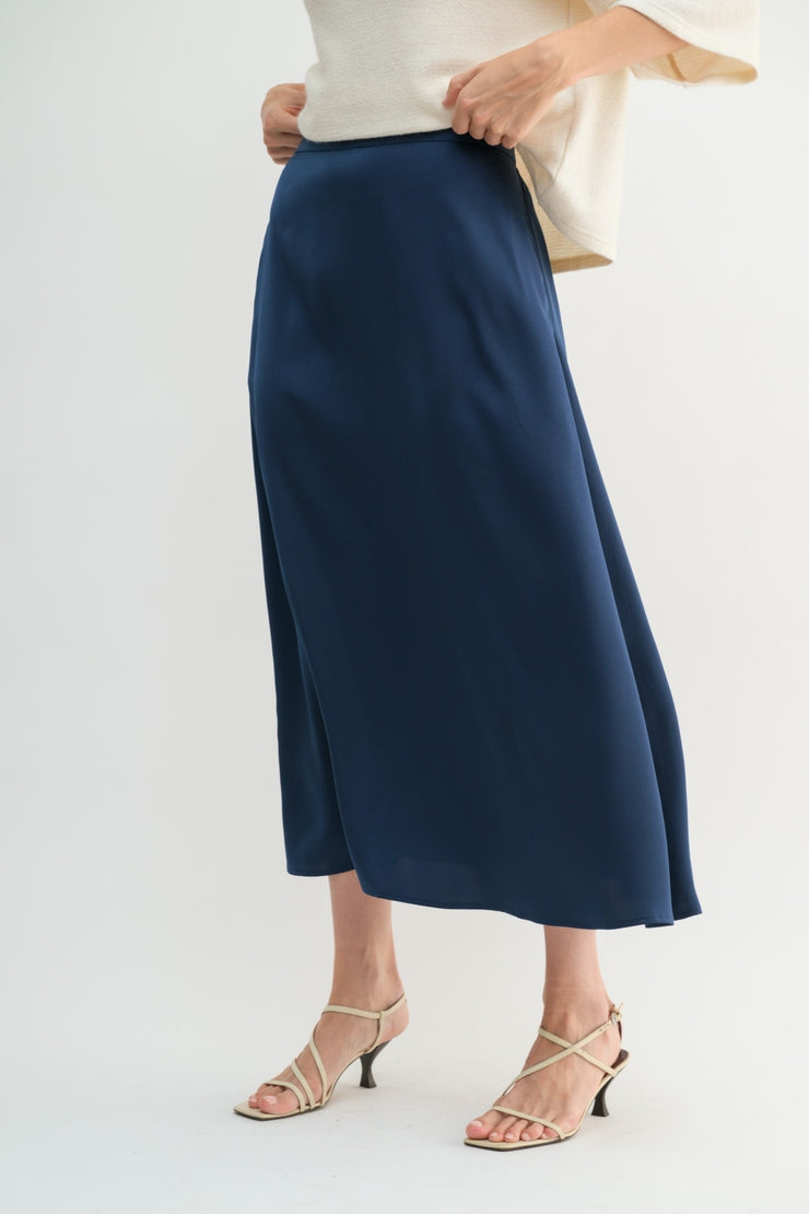 Navy Satin Maxi Skirt